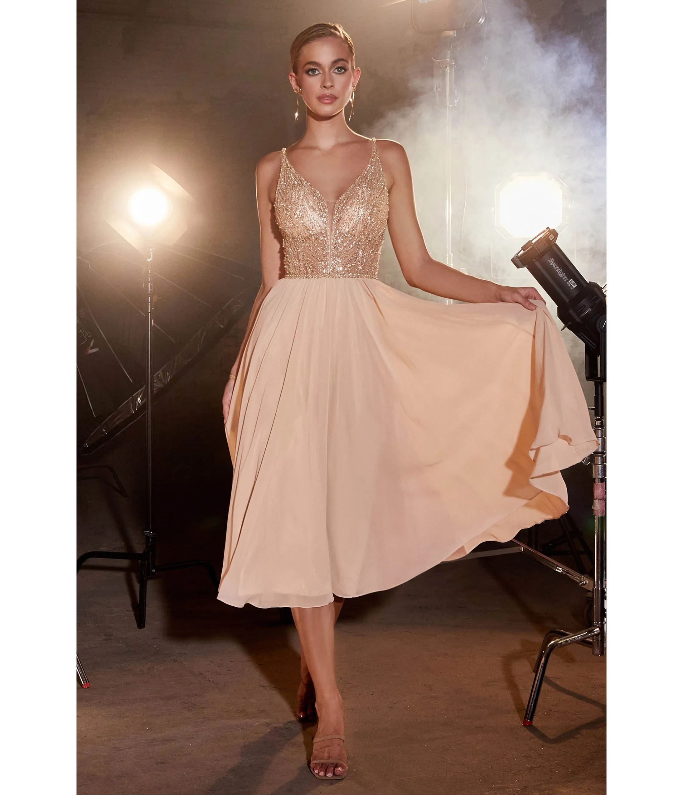 Cinderella Divine  Champagne Beaded Chiffon Tea Length Dress