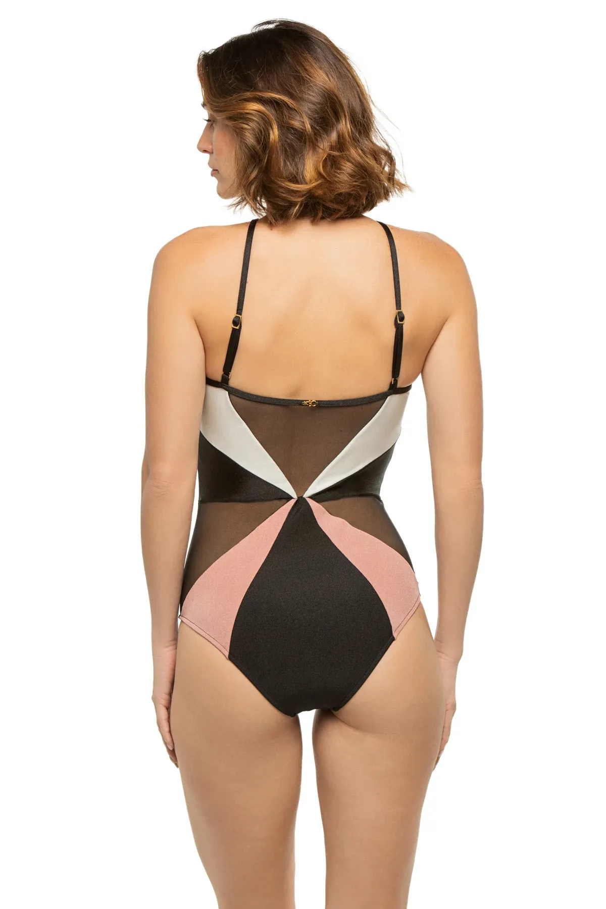 Color Block Mesh One Piece Swimsuit