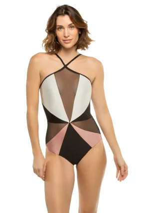 Color Block Mesh One Piece Swimsuit