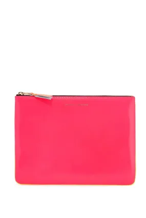 Comme Des Garcons Wallet Compact Wallet In Fluorescent Pink And Yellow Goat Leather With Zip