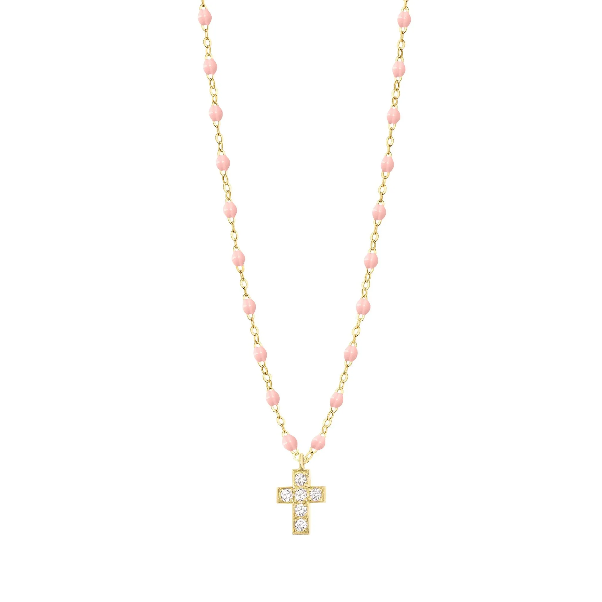 Cross Charm Classic Gigi Baby Pink diamond necklace, Yellow Gold, 16.5