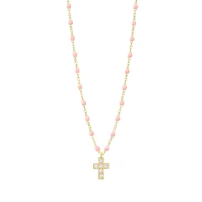 Cross Charm Classic Gigi Baby Pink diamond necklace, Yellow Gold, 16.5