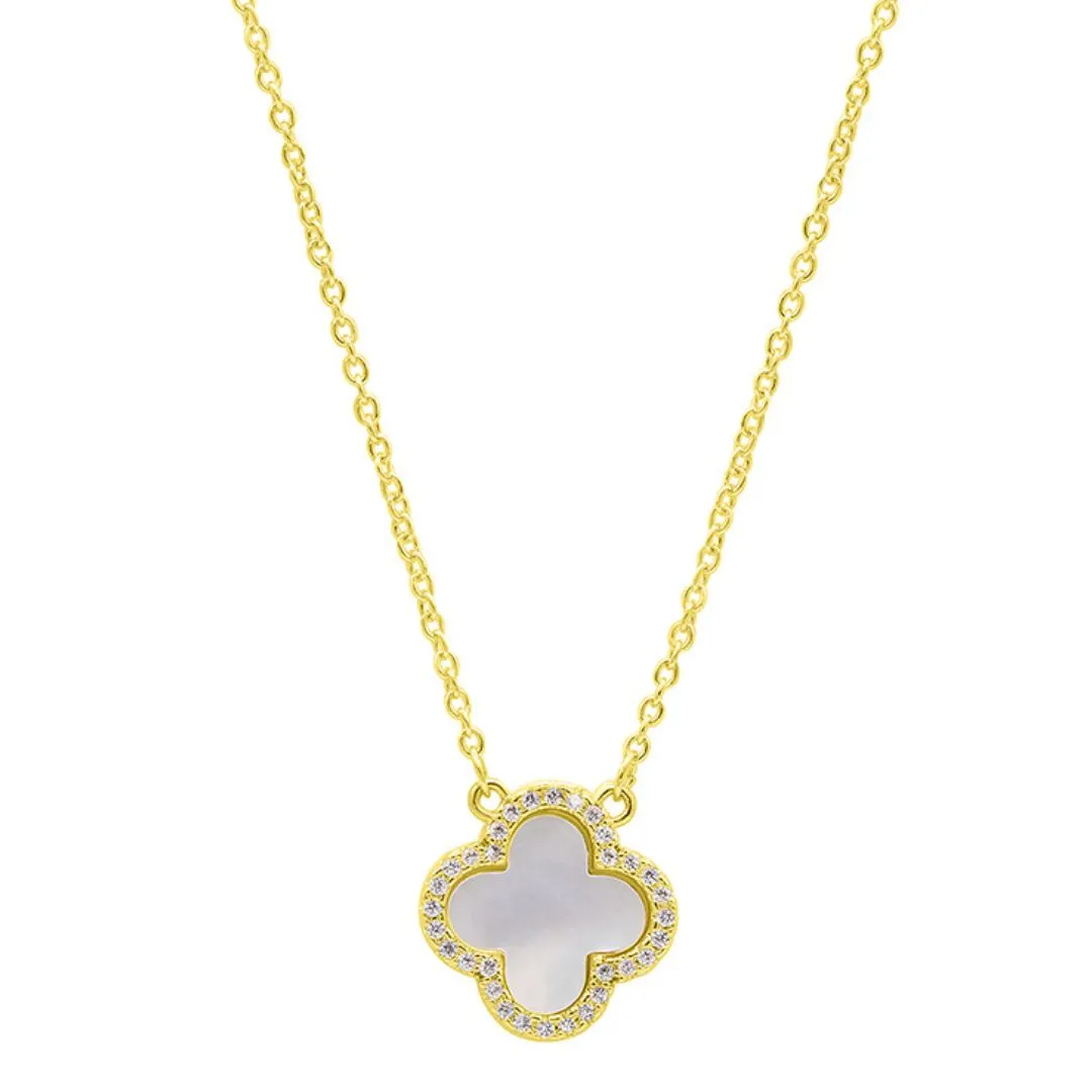 Crystal Halo White Mother of Pearl Clover Necklace gold