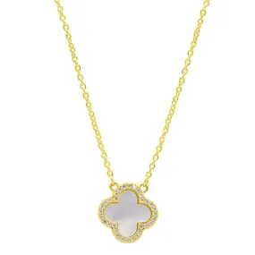 Crystal Halo White Mother of Pearl Clover Necklace gold