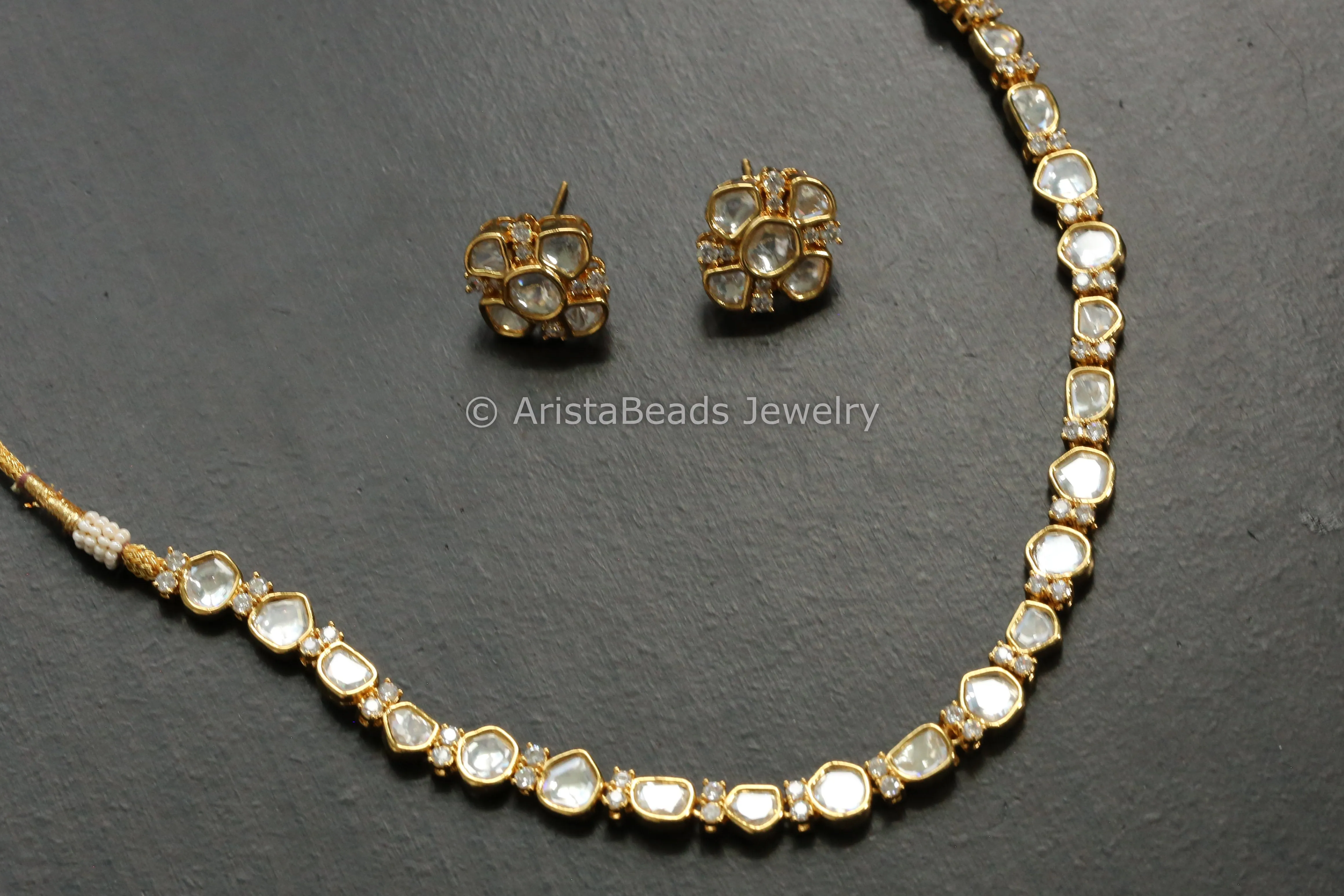 Dainty Polki & Micro CZ Necklace Set  - Gold