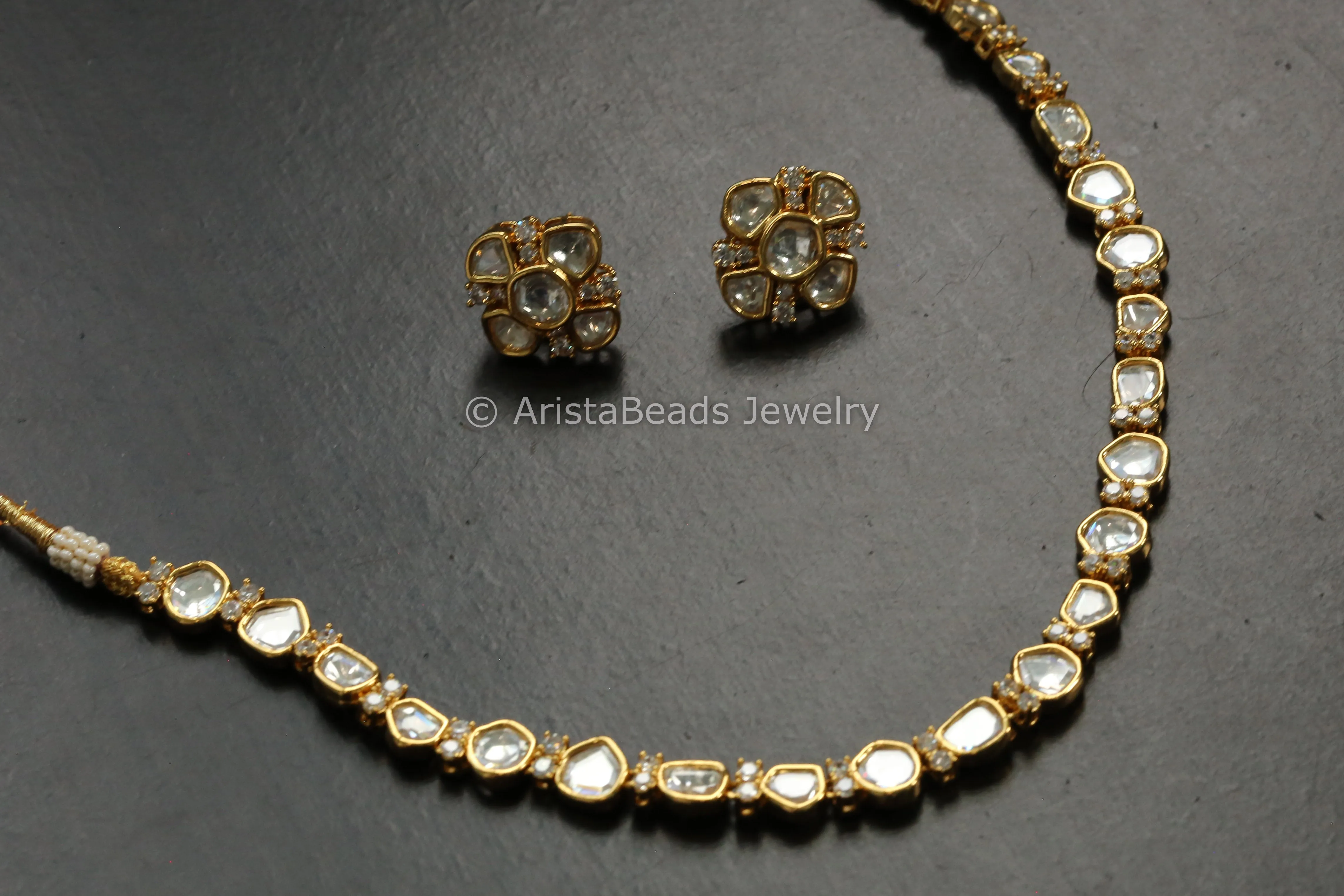 Dainty Polki & Micro CZ Necklace Set  - Gold