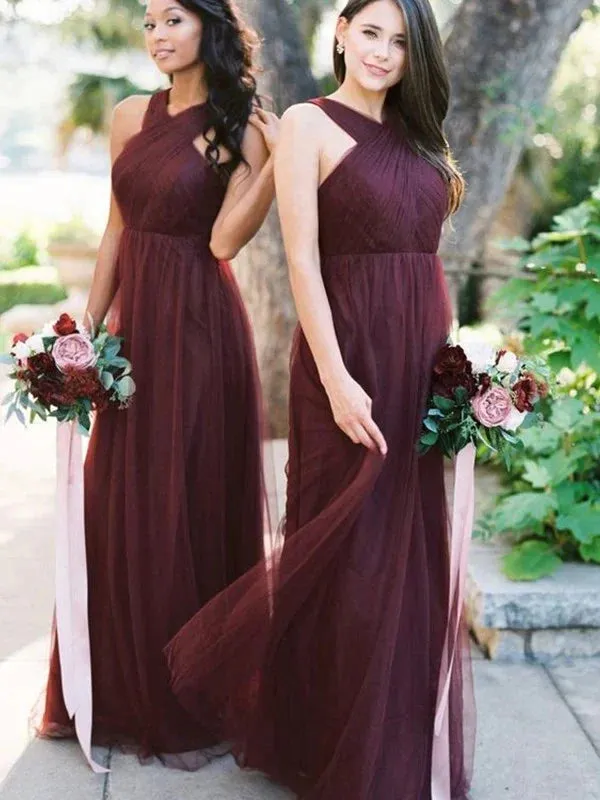 Elegant A-line Floor Length Halter Tulle Sleeveless Bridesmaid Dresses, BG178