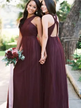 Elegant A-line Floor Length Halter Tulle Sleeveless Bridesmaid Dresses, BG178