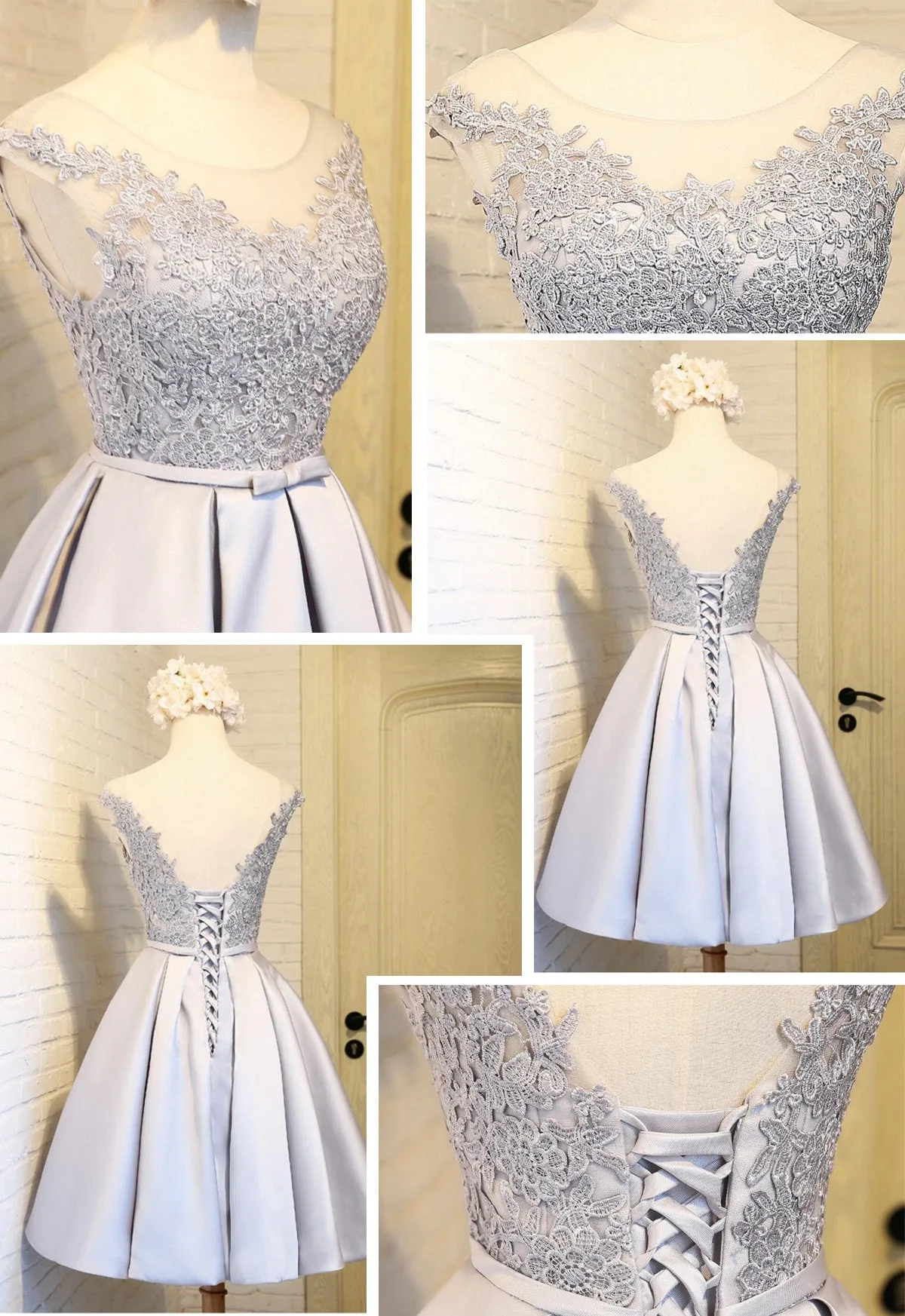 Elegant Sleeveless  Lace Up Back  Appliques Clairvoyant Outfit Satin Skirt Tea Length Homecoming Dress,BD0136