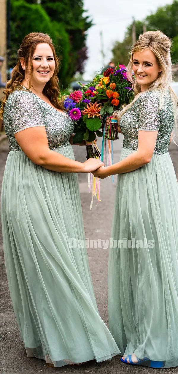 Elegant V-neck Sequin Tulle Floor-length Long Bridesmaid Dresses Online.DB10847