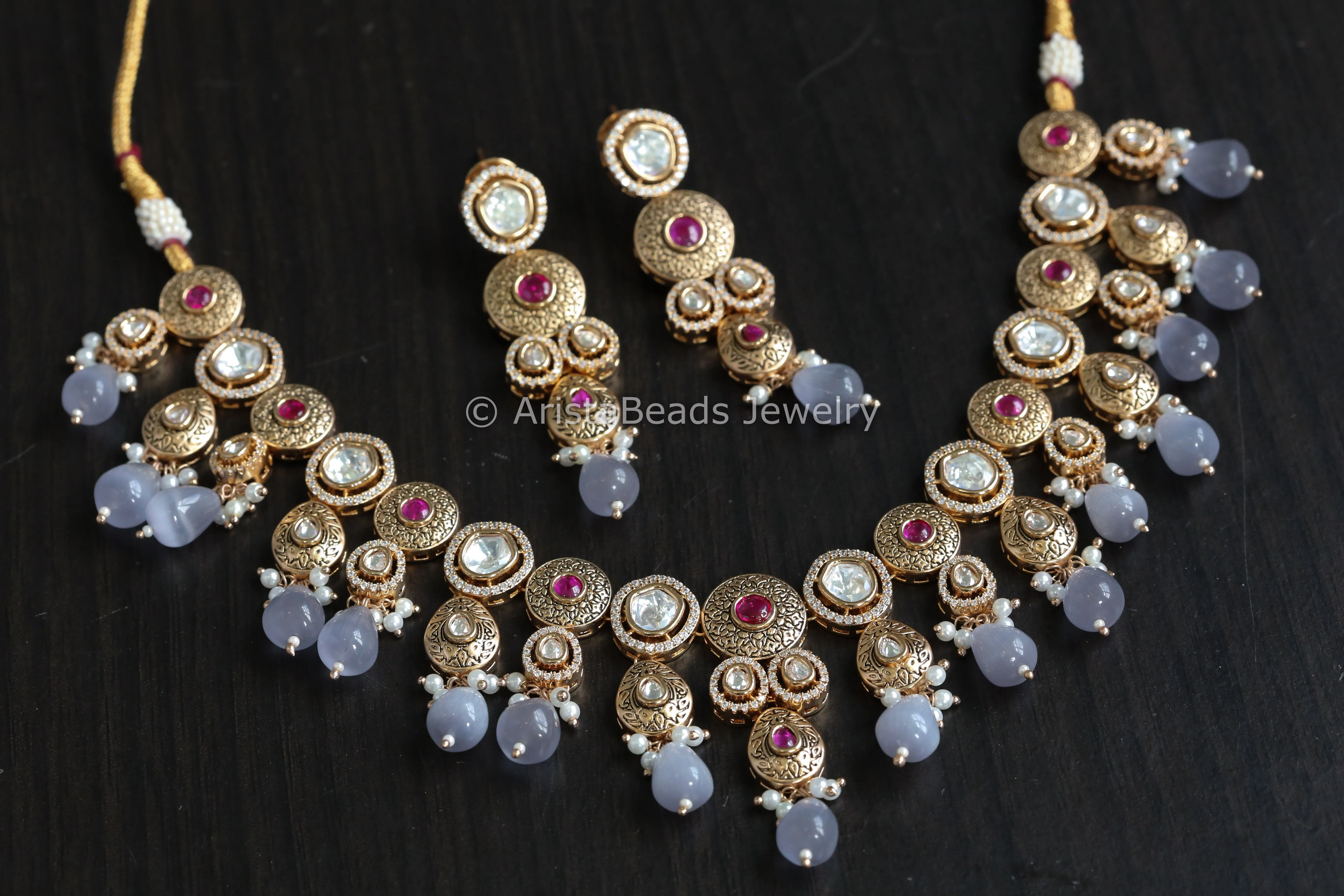 Filigree Polki Kundan, Enamel & Mirco CZ Necklace Set - Gray Monalisa Drops