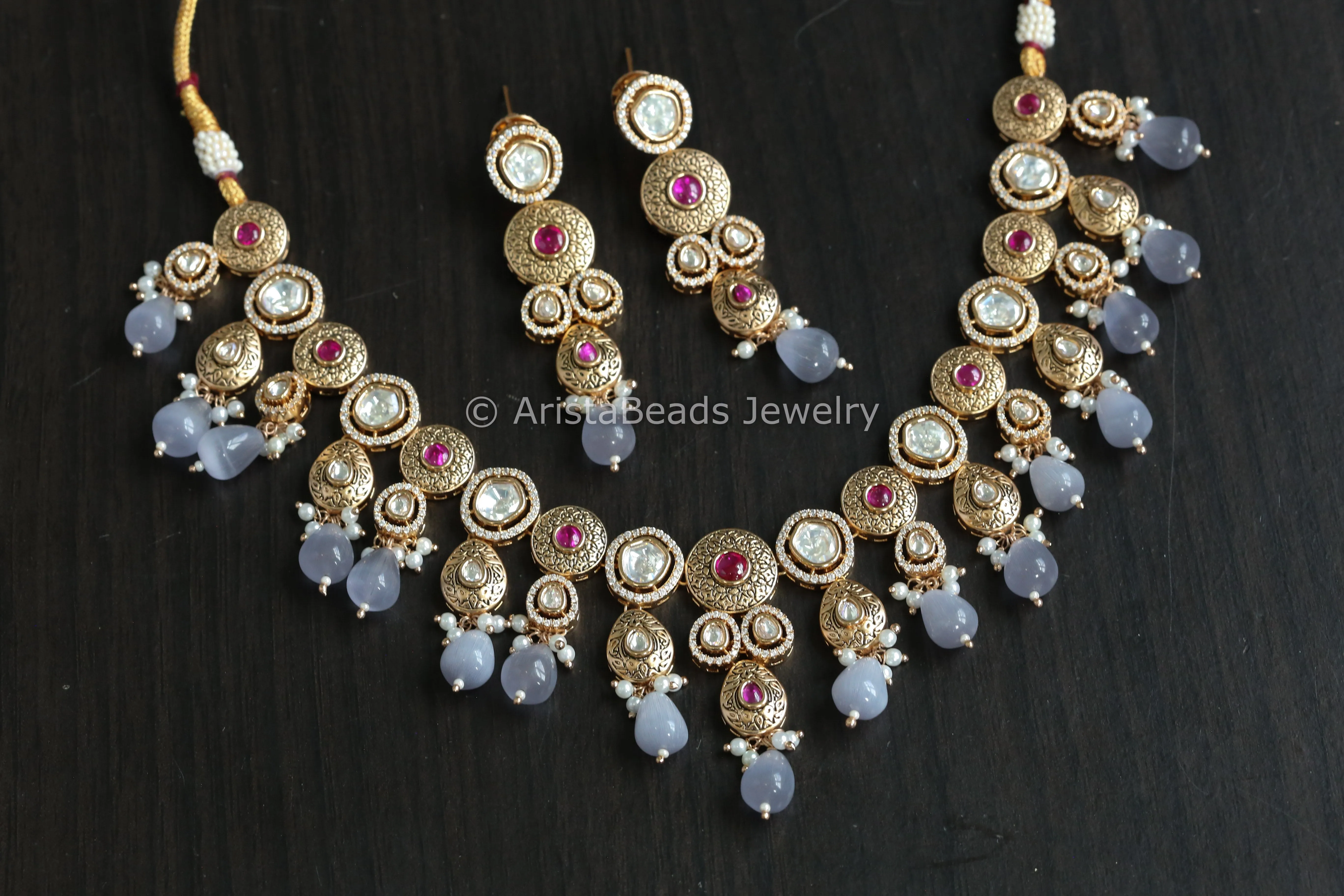 Filigree Polki Kundan, Enamel & Mirco CZ Necklace Set - Gray Monalisa Drops