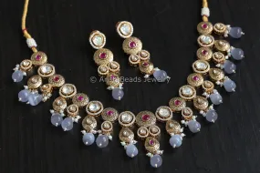 Filigree Polki Kundan, Enamel & Mirco CZ Necklace Set - Gray Monalisa Drops