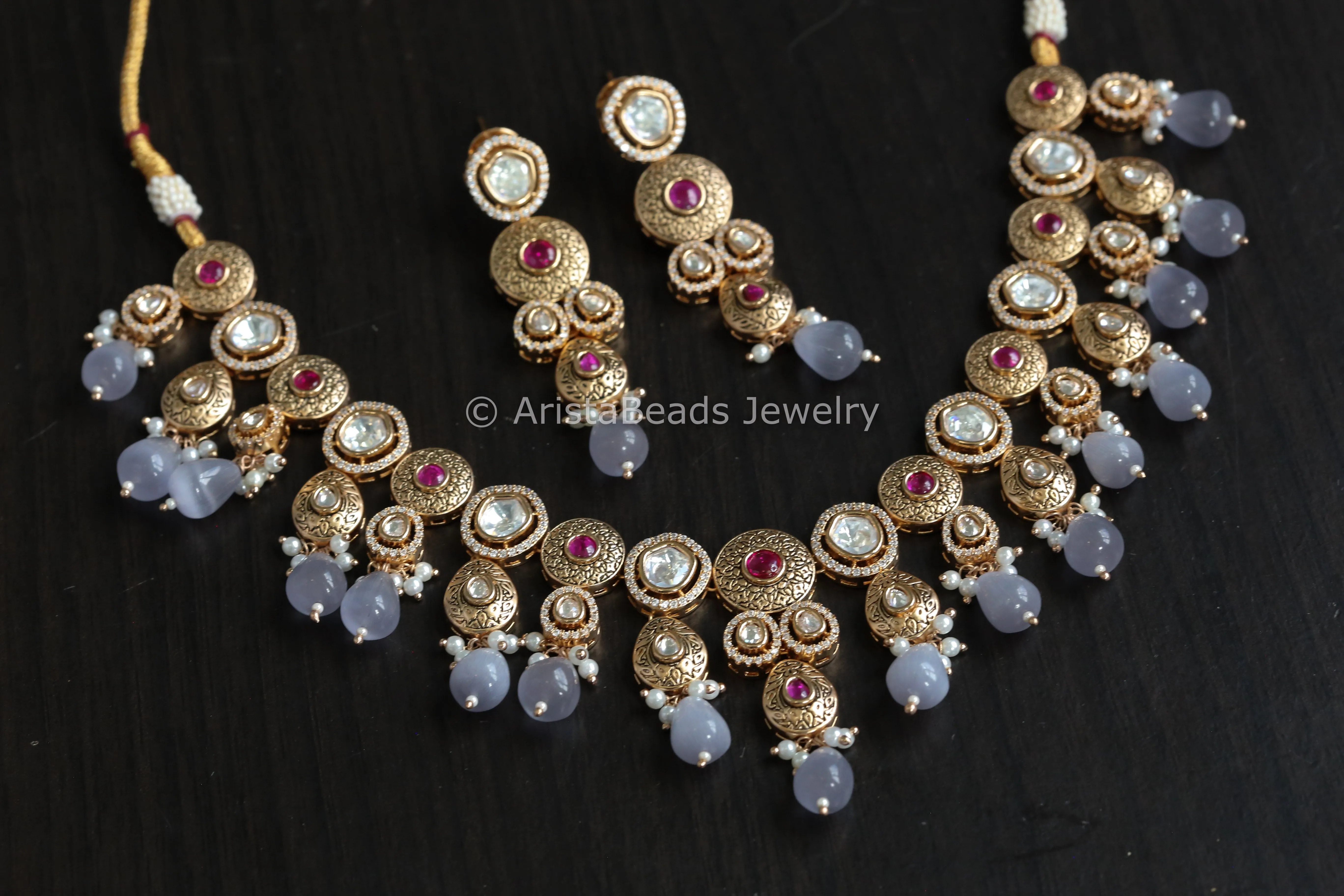 Filigree Polki Kundan, Enamel & Mirco CZ Necklace Set - Gray Monalisa Drops