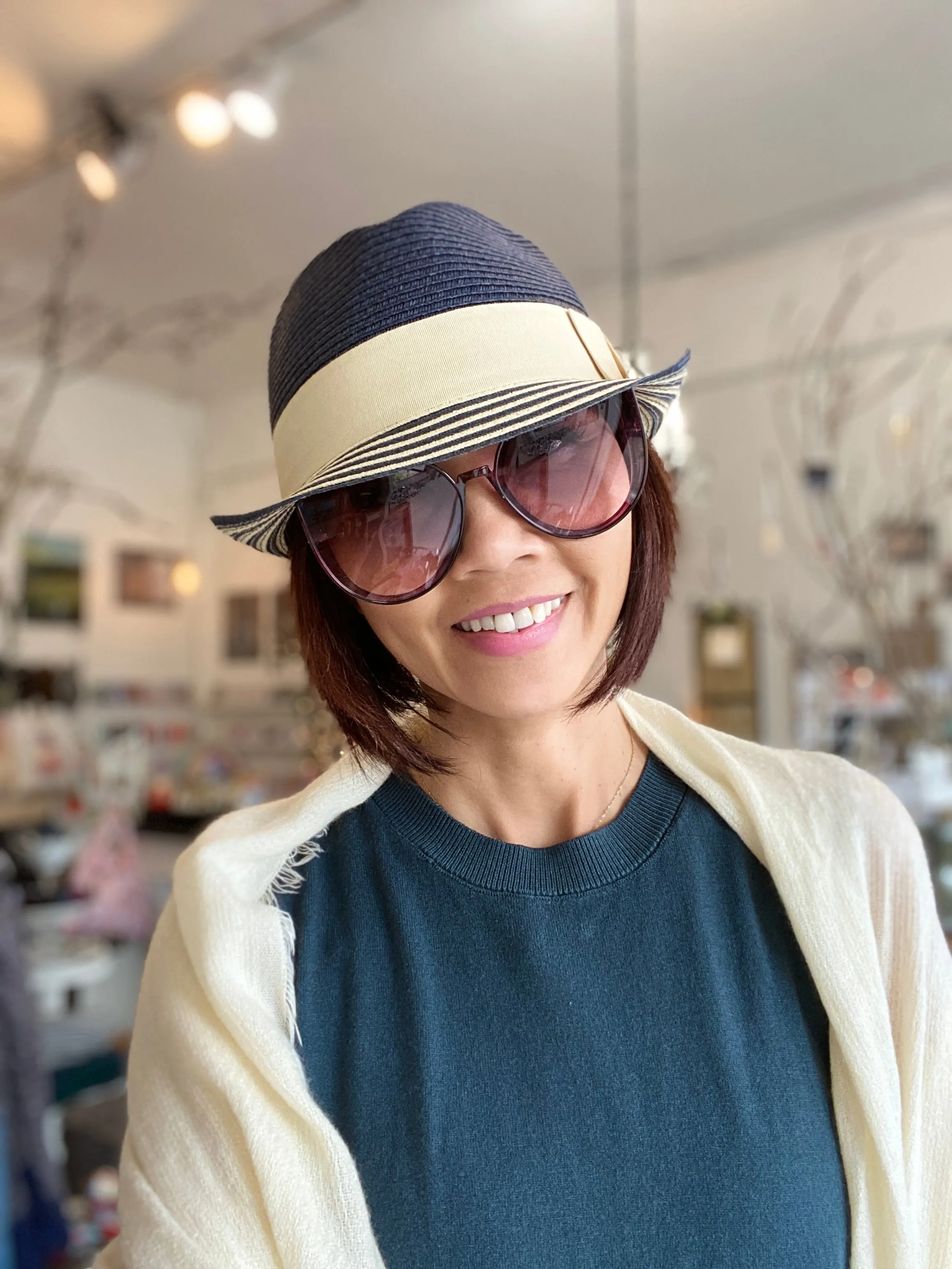 Fun Fedora Hat with Stripe Short Brim - Navy Tan