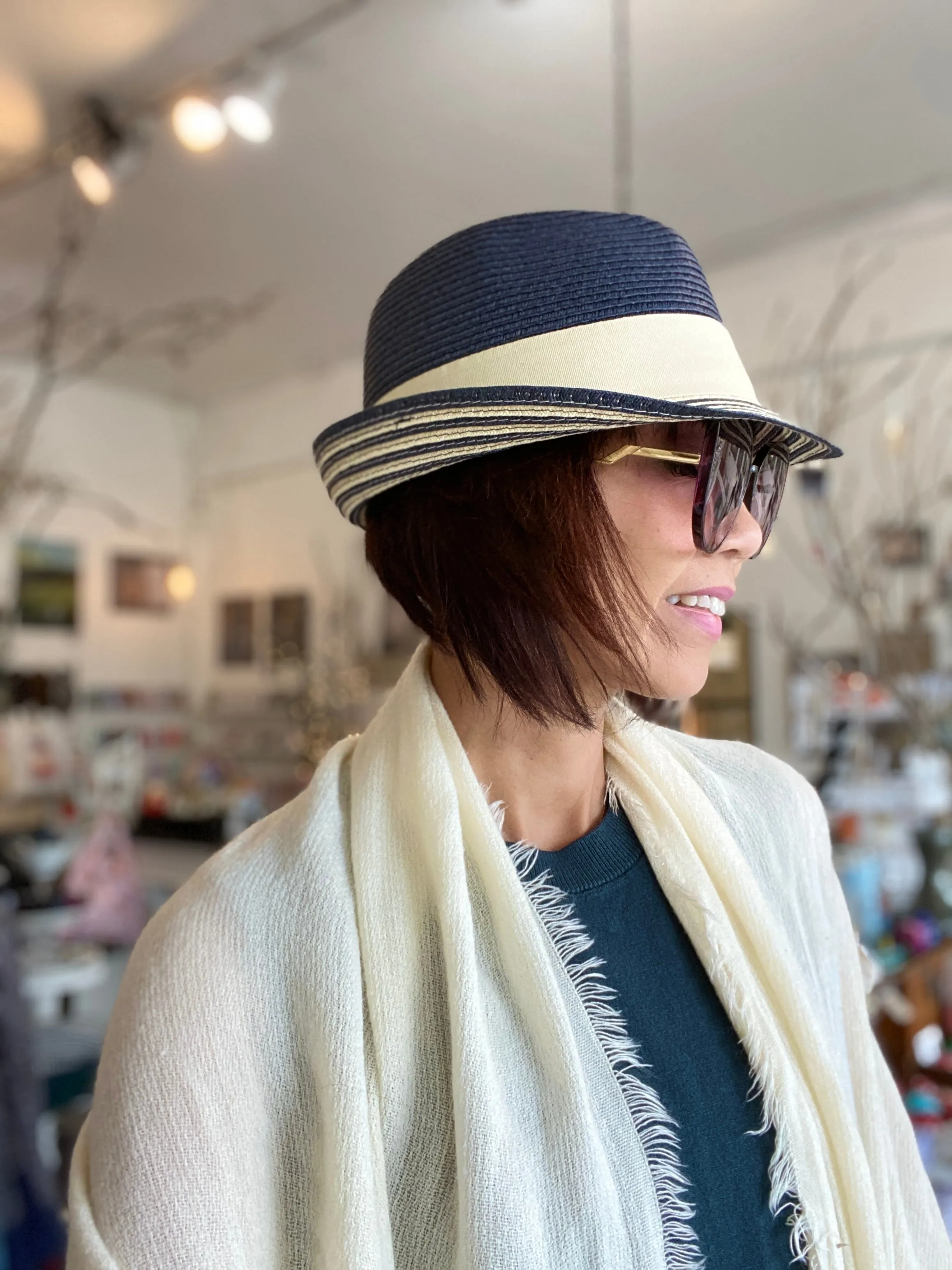 Fun Fedora Hat with Stripe Short Brim - Navy Tan