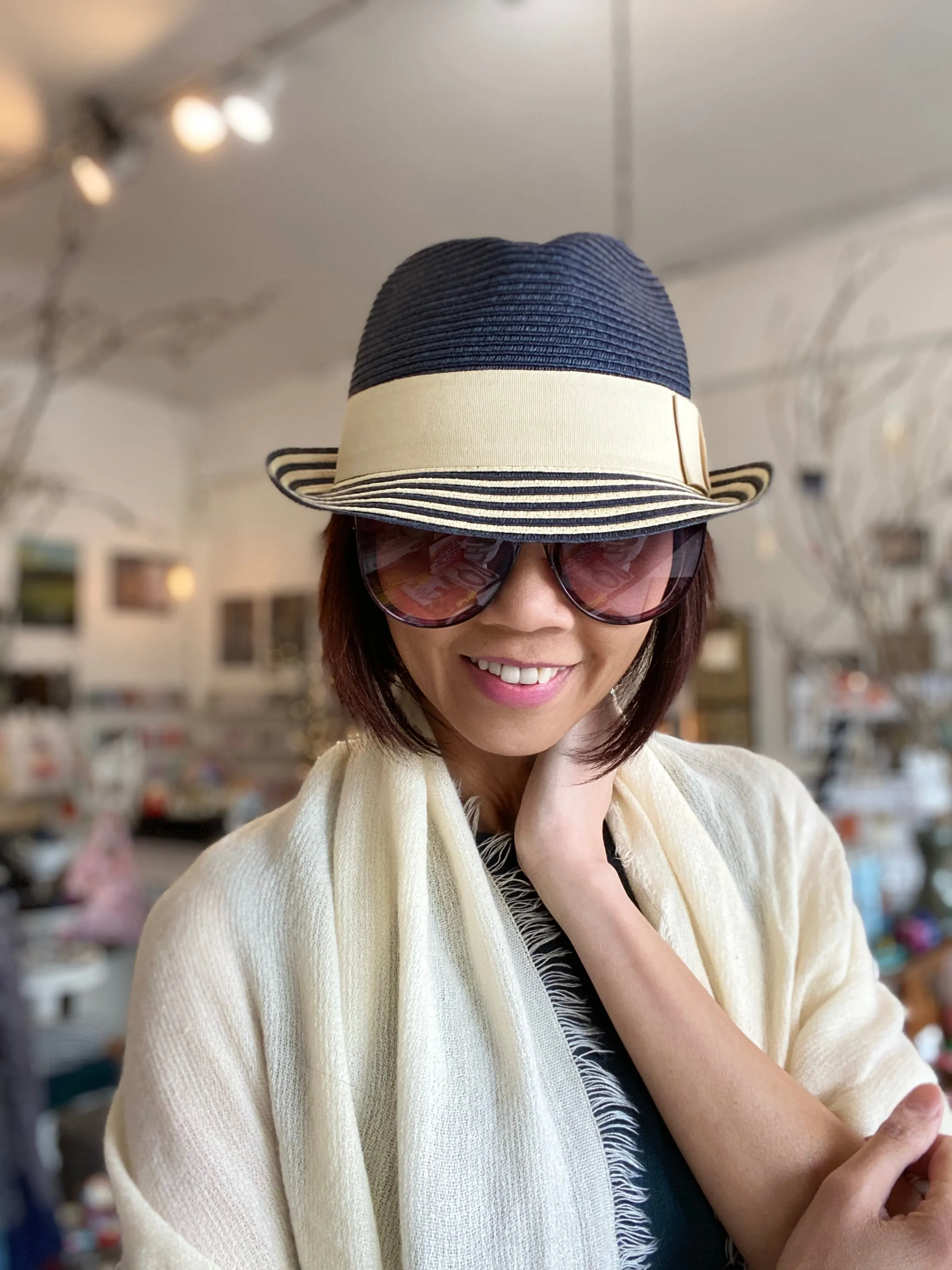 Fun Fedora Hat with Stripe Short Brim - Navy Tan