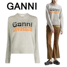 Ganni  |Crew Neck Wool Rib Long Sleeves Logo V-neck & Crew neck