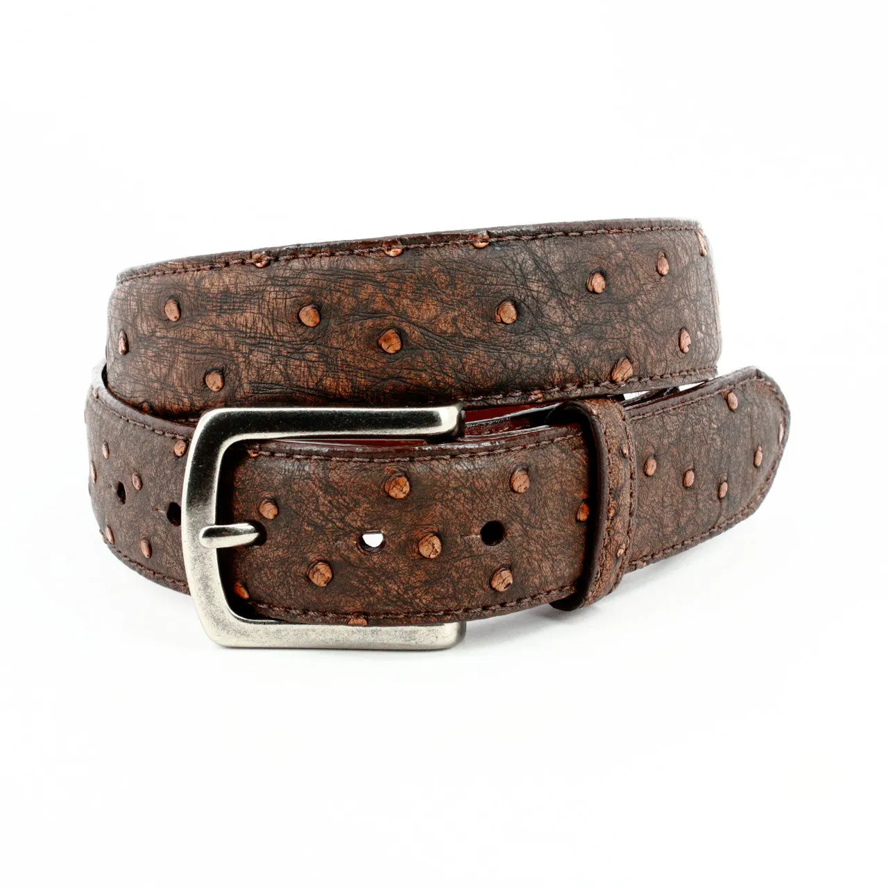 Genuine South African Ostrich Skin Belt in Vintage Dark Cognac by Torino Leather