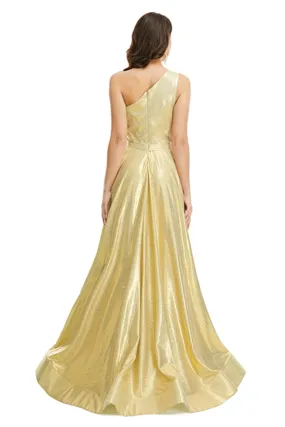 Gold Satin One Shoulder With Split Prom Dresses