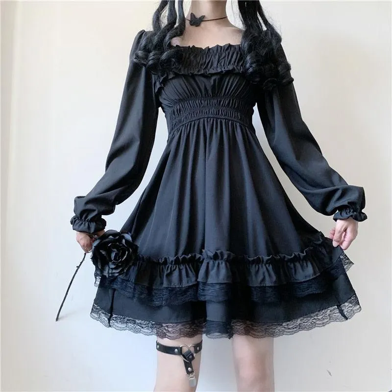 Goth Elegant Square Collar Puff Sleeve Midi Dress