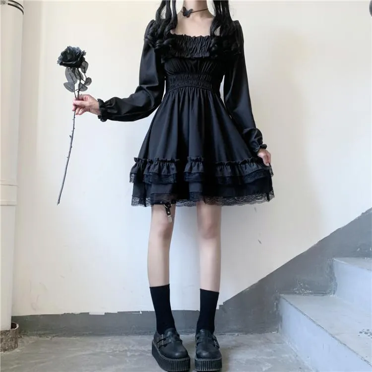 Goth Elegant Square Collar Puff Sleeve Midi Dress