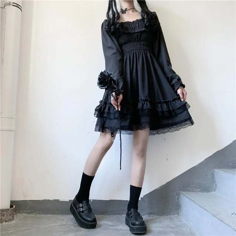 Goth Elegant Square Collar Puff Sleeve Midi Dress