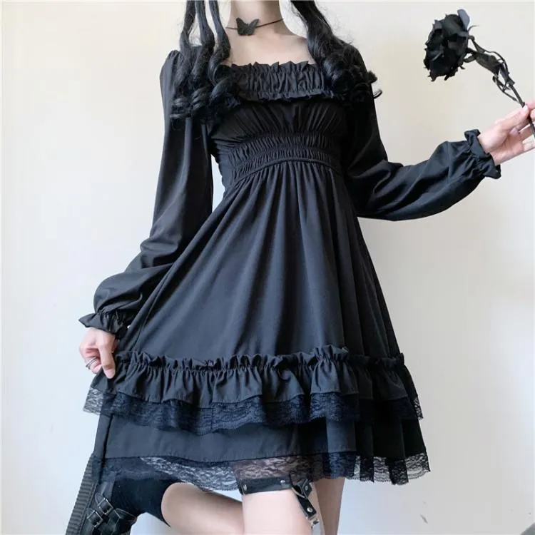 Goth Elegant Square Collar Puff Sleeve Midi Dress