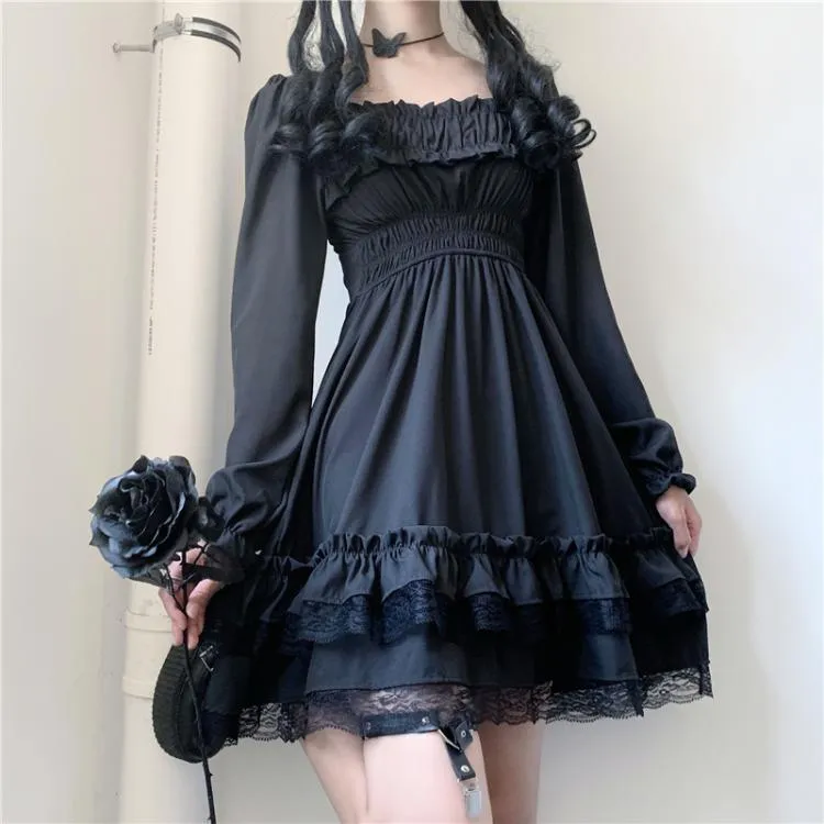 Goth Elegant Square Collar Puff Sleeve Midi Dress