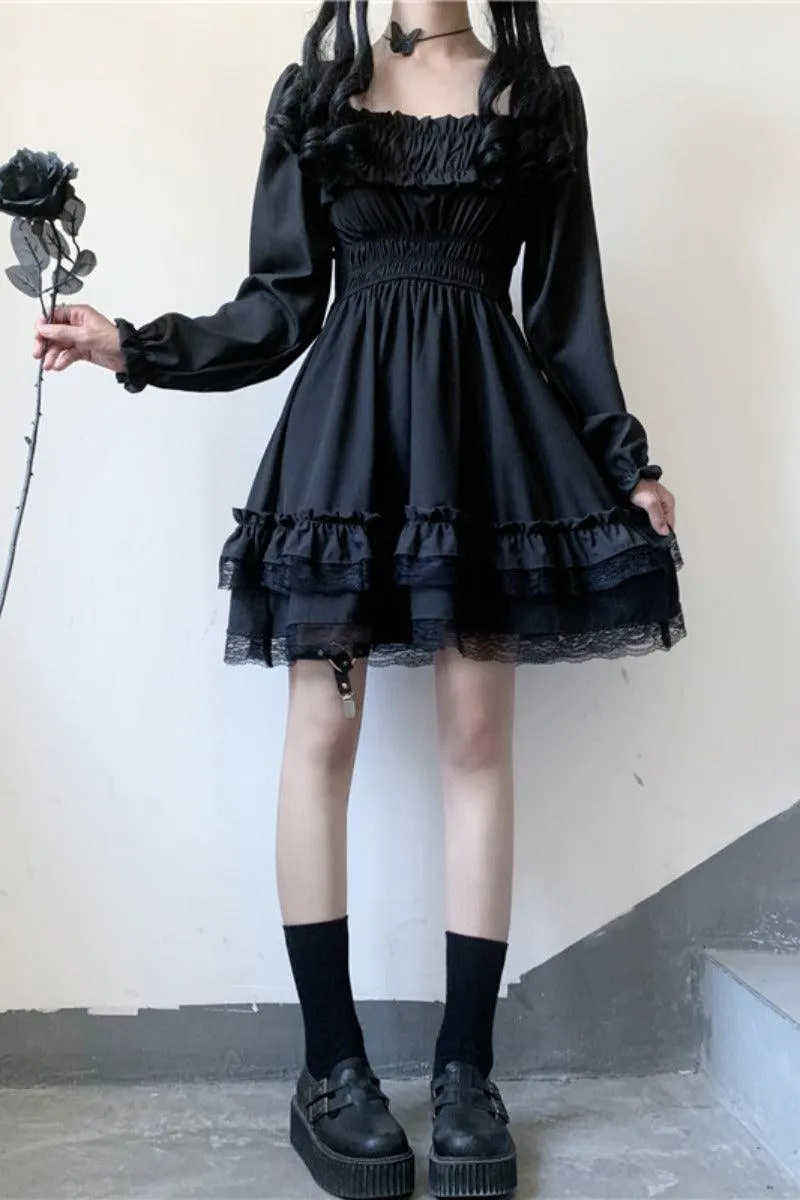 Goth Elegant Square Collar Puff Sleeve Midi Dress