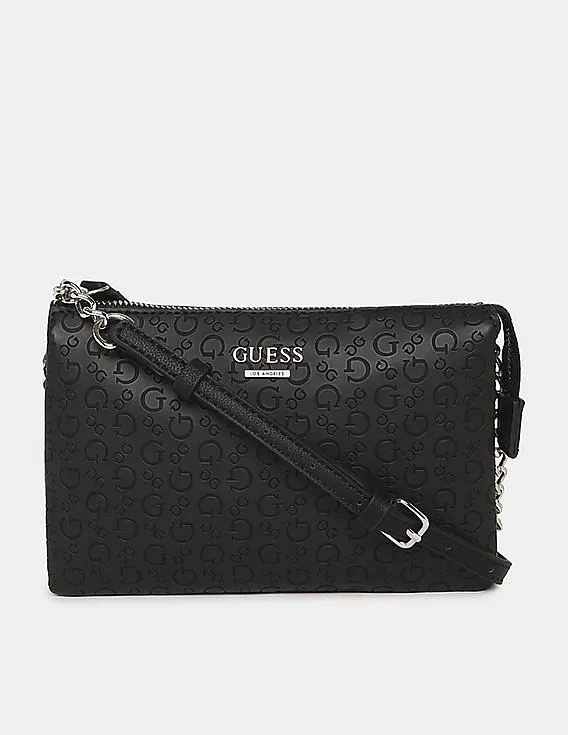 GUESS Women Black Debossed Campos Mini Top Zip Clutch