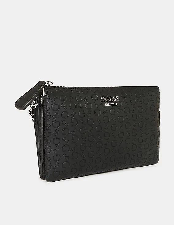 GUESS Women Black Debossed Campos Mini Top Zip Clutch