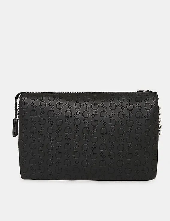 GUESS Women Black Debossed Campos Mini Top Zip Clutch