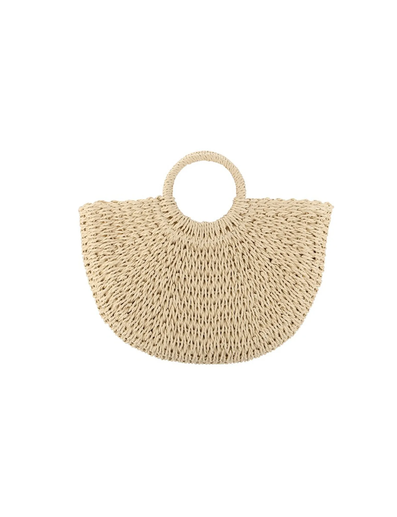 Half Circle Braided Straw Tote Bag, Beige