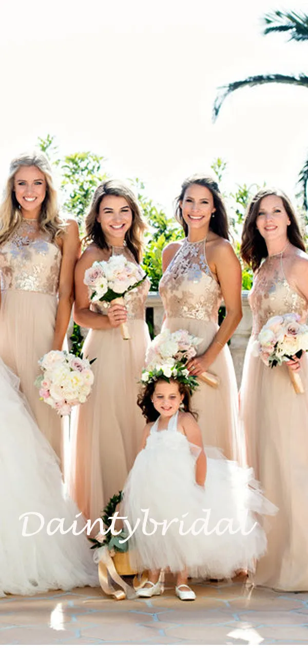 Halter Simple Floor-length See-through Tulle Long Bridesmaid Dresses.DB10831