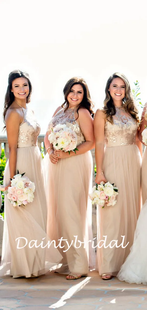 Halter Simple Floor-length See-through Tulle Long Bridesmaid Dresses.DB10831