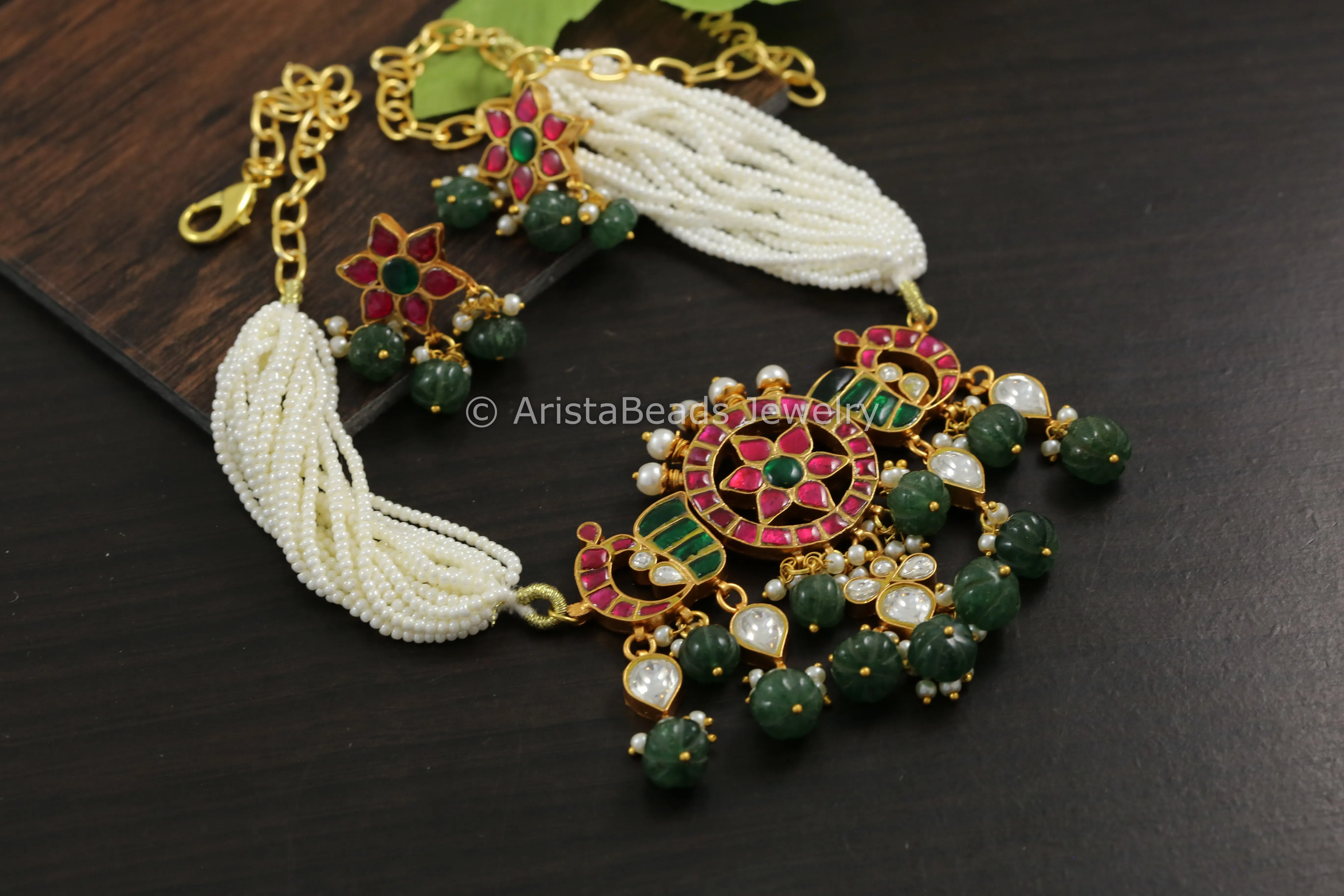 Handmade Jadau Kundan Necklace Choker Set- Fluorite Drops