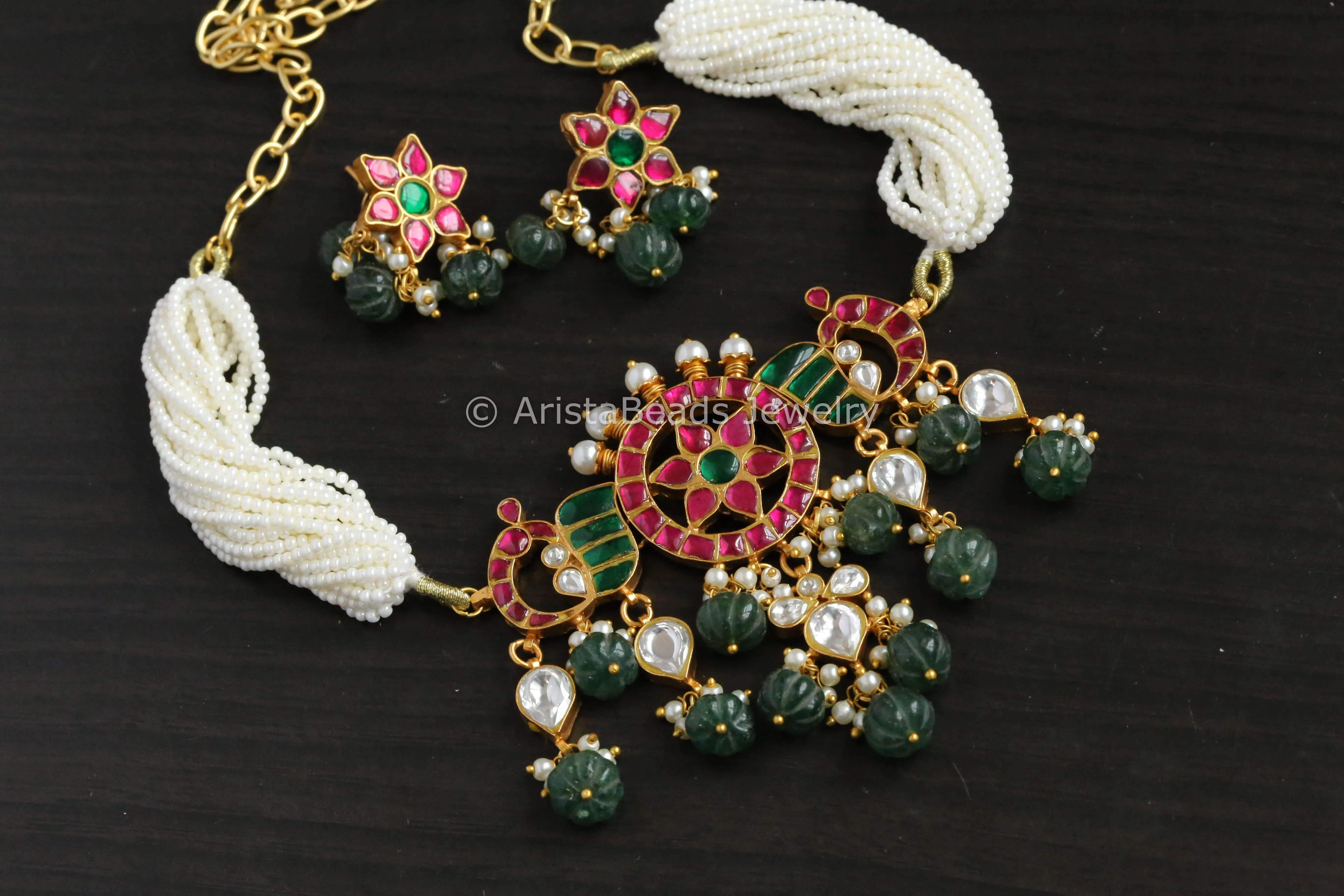 Handmade Jadau Kundan Necklace Choker Set- Fluorite Drops