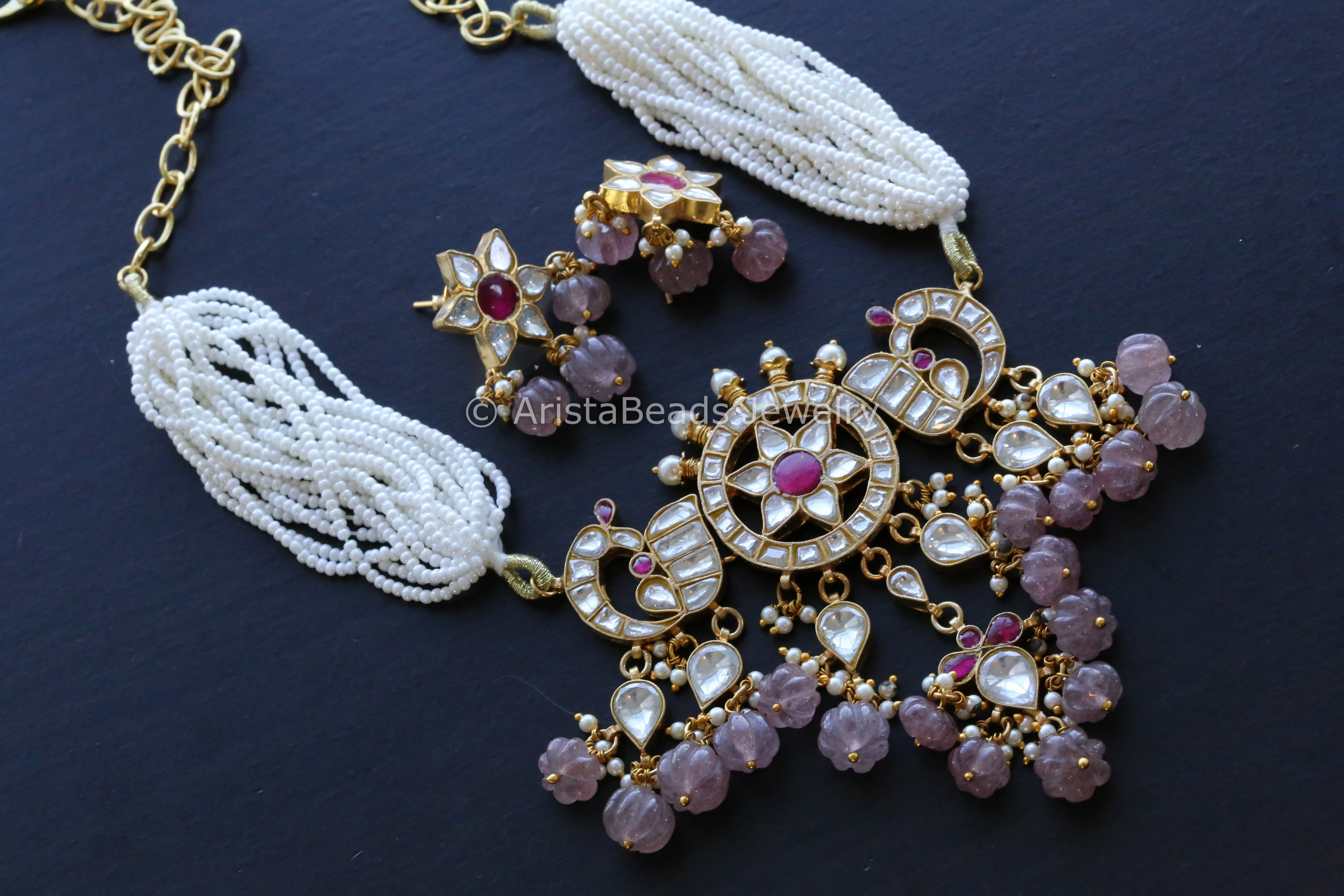 Handmade Jadau Kundan Necklace Choker Set- Strawberry Quartz Drops