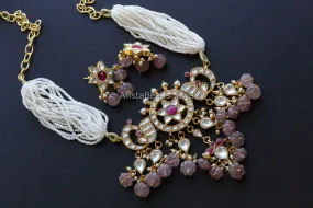 Handmade Jadau Kundan Necklace Choker Set- Strawberry Quartz Drops