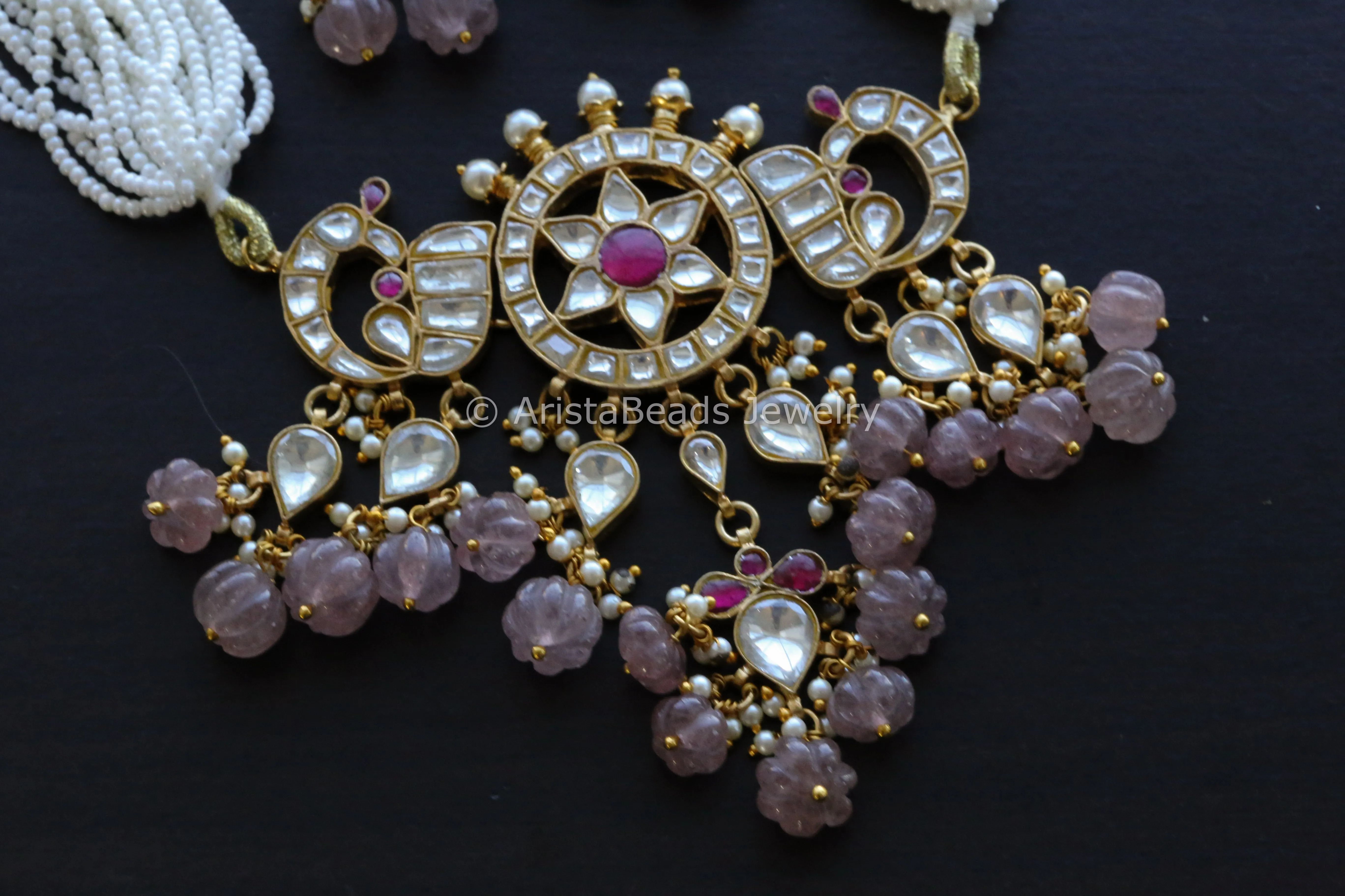 Handmade Jadau Kundan Necklace Choker Set- Strawberry Quartz Drops