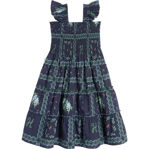 Hill House Home Girls Tiny Ellie Floral Print Ruffle Shoulder Tiered Nap Dress, Navy