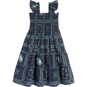 Hill House Home Girls Tiny Ellie Floral Print Ruffle Shoulder Tiered Nap Dress, Navy