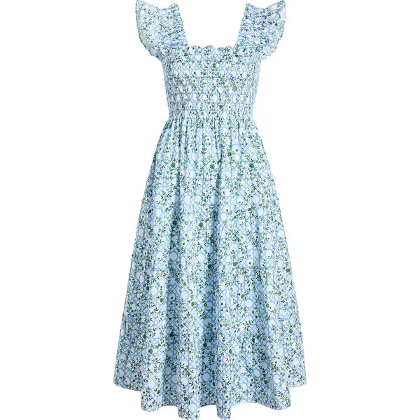 Hill House Home Women's Ellie Basketweave Vine Print Ruffle Shoulder Tiered Nap Dress, Blue