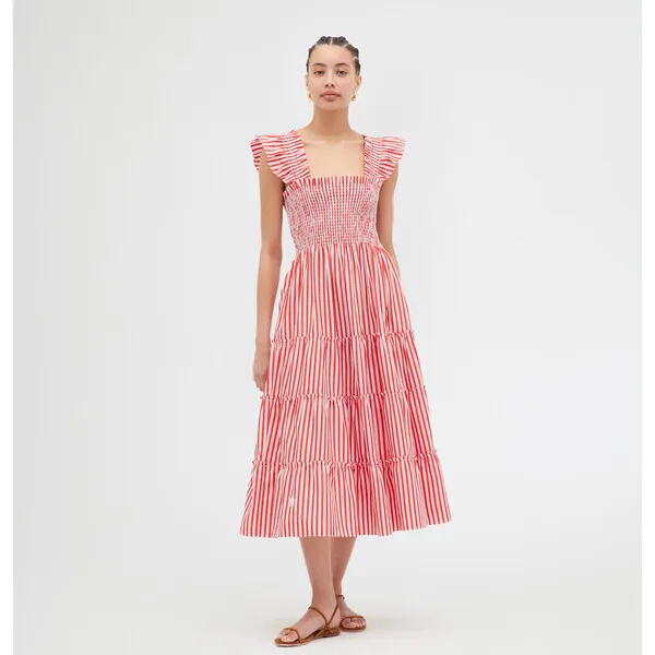 Hill House Home Women's Ellie Striped Ruffle Shoulder Tiered Nap Dress, Red