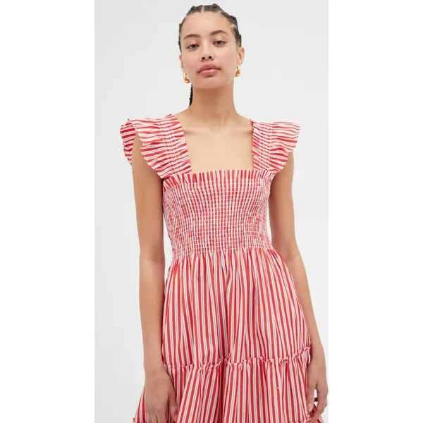 Hill House Home Women's Ellie Striped Ruffle Shoulder Tiered Nap Dress, Red