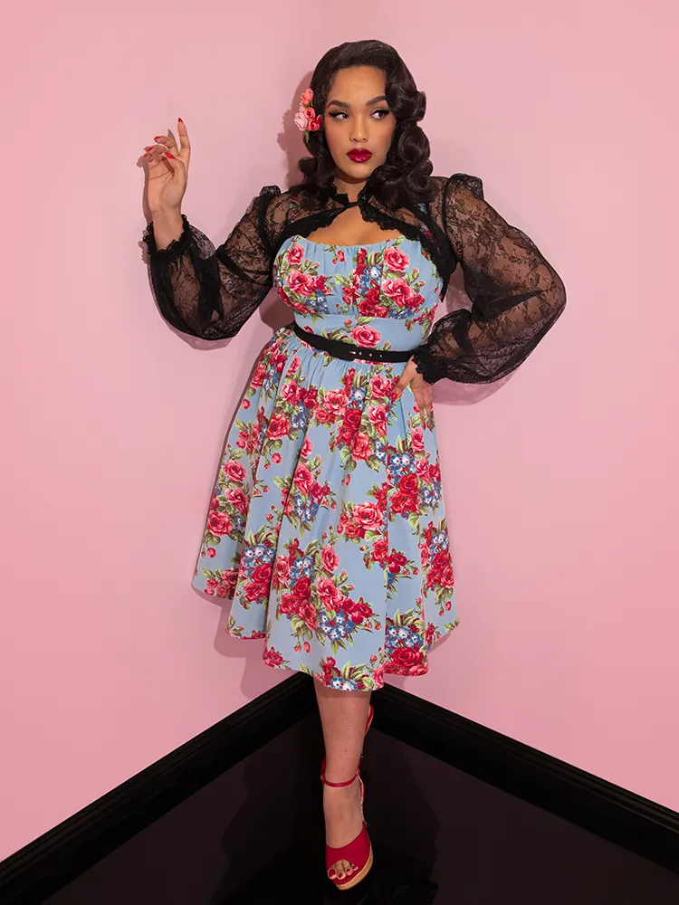 Ingenue Dress in Vintage Blue and Red Rose Print (XS ONLY)