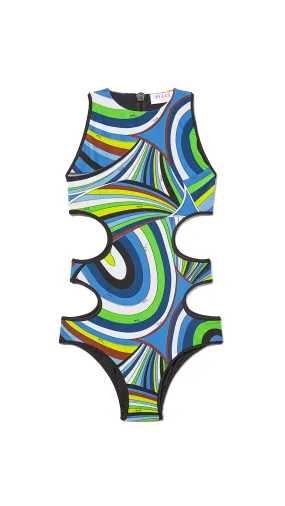 Iride-Print Cut-Out Swimsuit - Blue/Green/Brown/Black