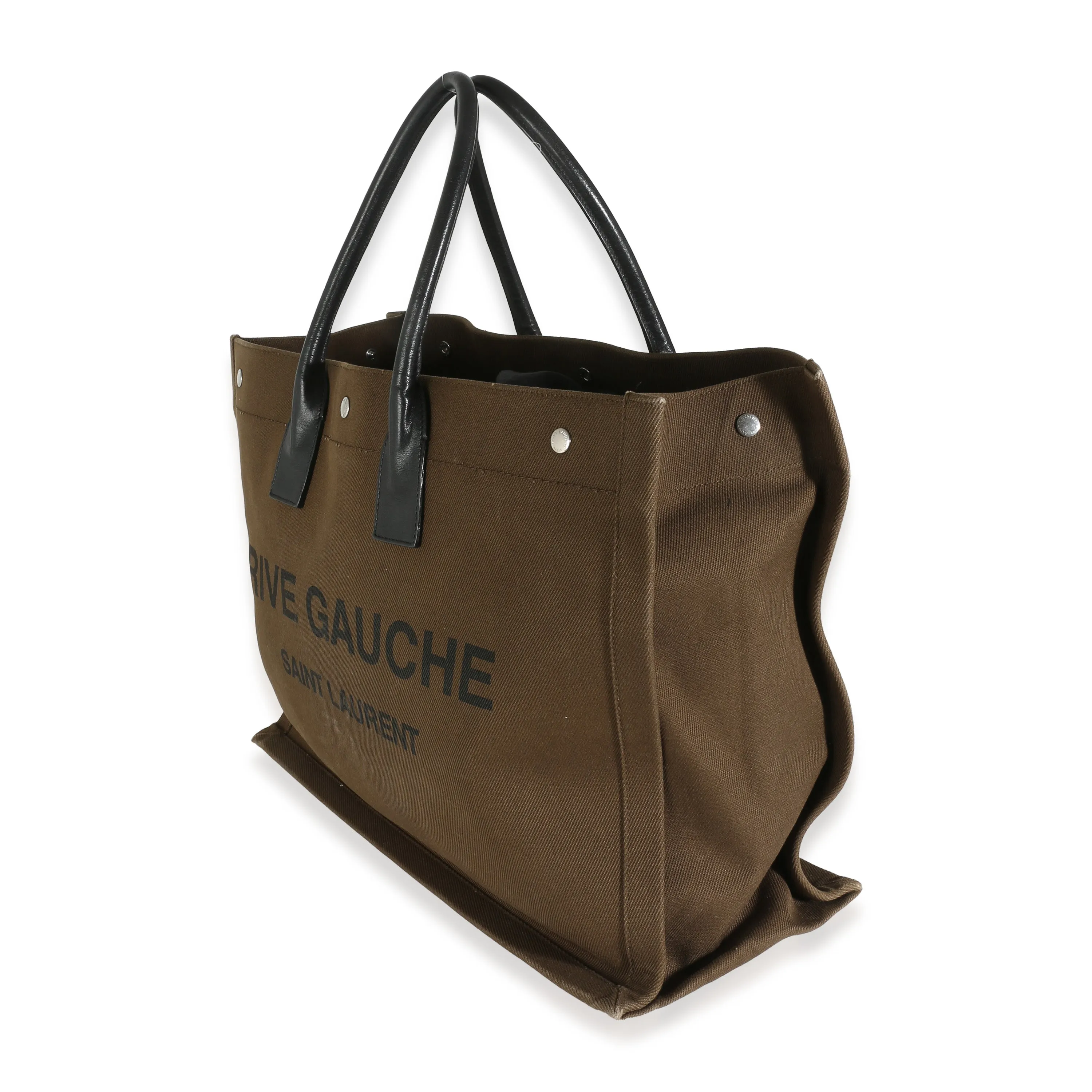 Khaki Canvas Black Calfskin Rive Gauche Tote