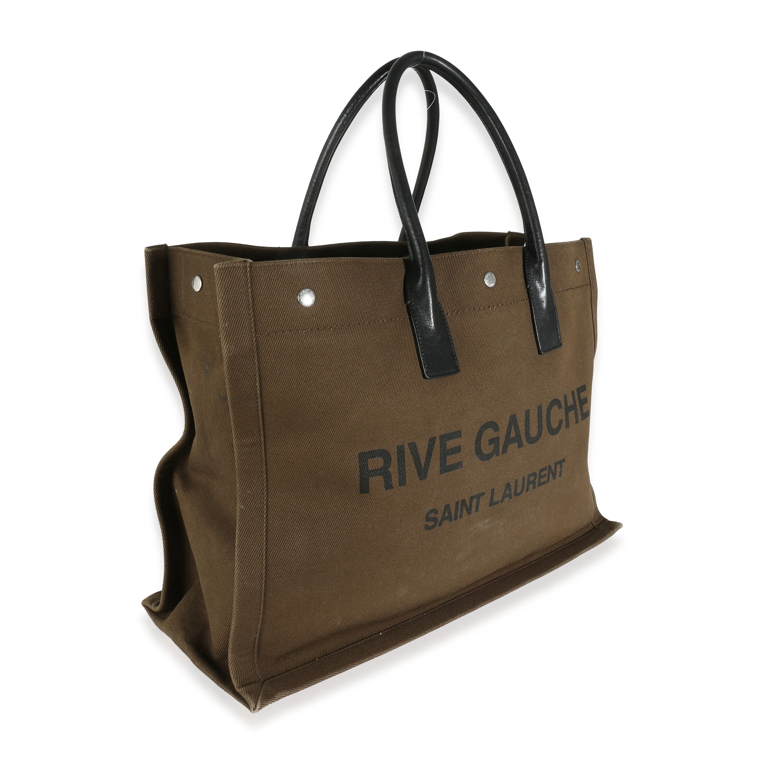 Khaki Canvas Black Calfskin Rive Gauche Tote